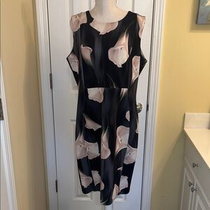 Calvin Klein Black and Cream Floral Midi Dress, Size 16